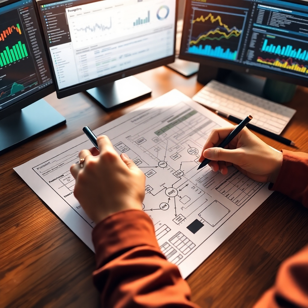A close-up shot of hands working on a detailed blueprint, with annotations and strategic diagrams overlaid. The blueprint is lying on a wooden desk, surrounded by SEO tools and data reports on multiple screens. The lighting is warm and professional, creating a sense of meticulous planning and expertise. The color palette consists of earthy tones and highlights of blue and green to represent data and strategy. High-resolution, 4K.