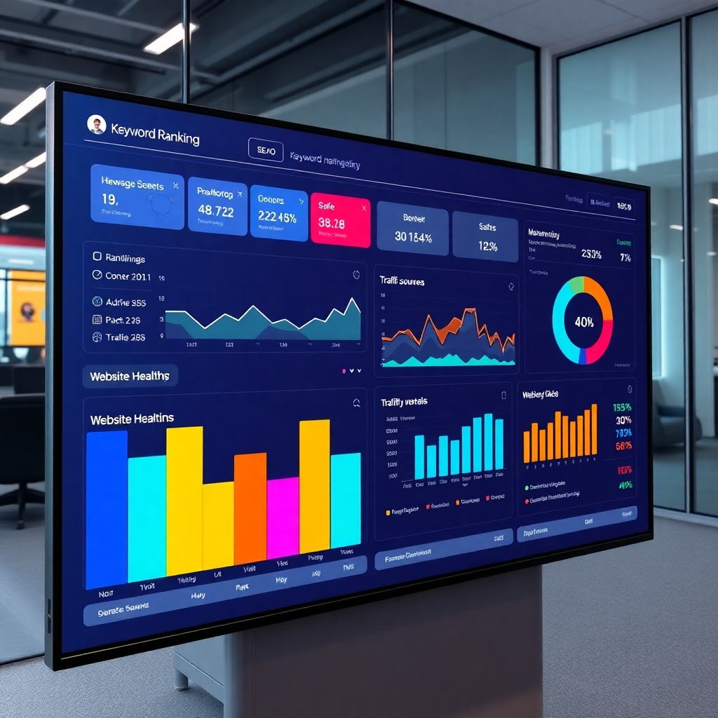 A dashboard interface displaying various SEO metrics such as keyword rankings, traffic sources, conversion rates, and website health scores. The dashboard is visualized on a large screen in a modern office setting, with charts and graphs highlighted in vibrant colors. The overall composition conveys clarity, precision, and data-driven decision-making. The lighting is crisp and professional, and the resolution is 4K for sharp details.