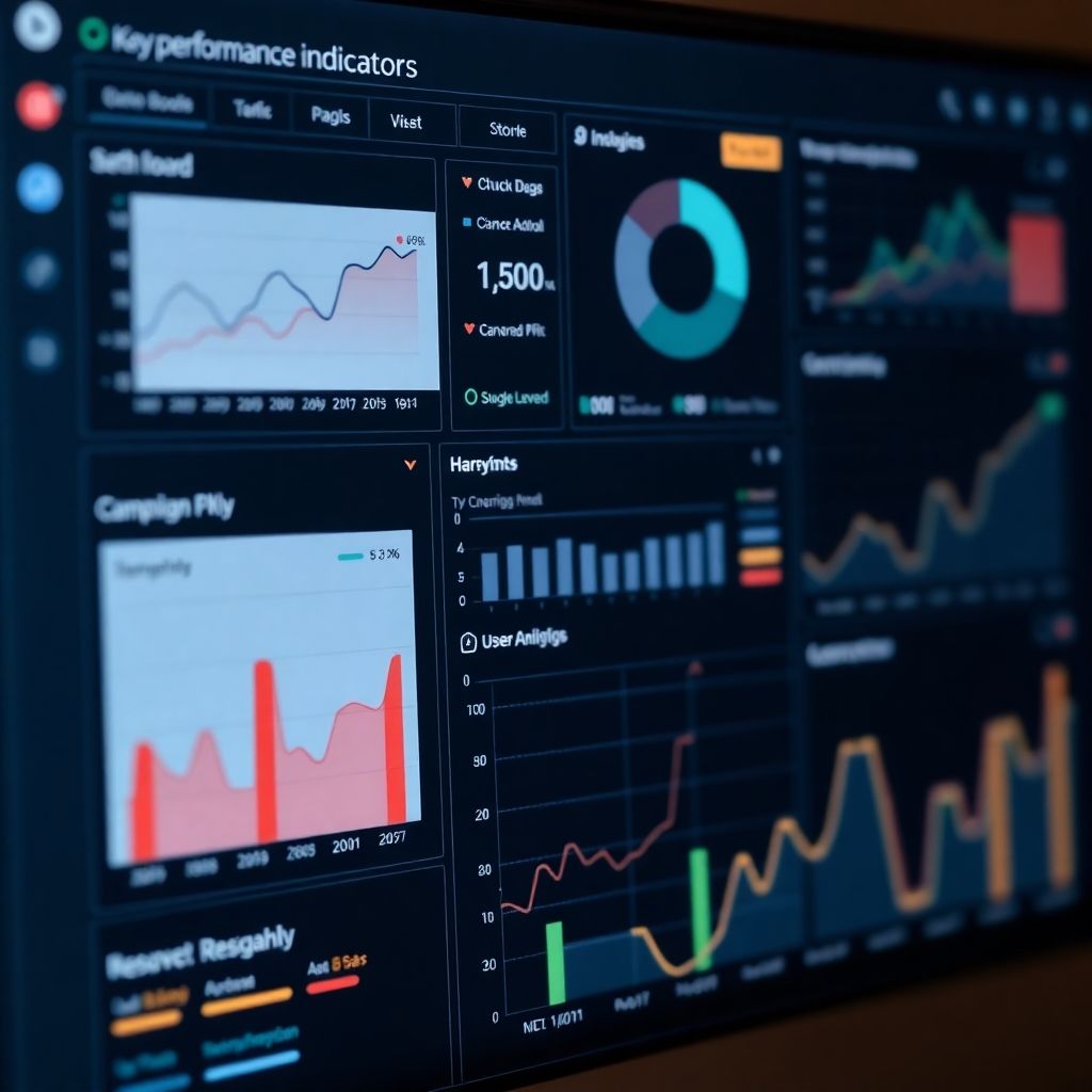 A dashboard interface displaying key performance indicators (KPIs) and web analytics data. The scene involves charts, graphs, and reports that provide insights into website traffic, user behavior, and campaign performance. High quality, 4K resolution.