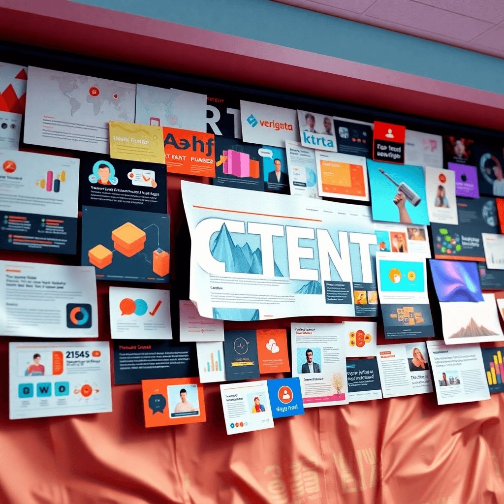 A digital canvas filled with engaging and visually appealing content, including blog posts, infographics, and videos. The scene conveys the power of content marketing in attracting and converting customers. The color palette is vibrant and dynamic. High quality, 4K resolution.