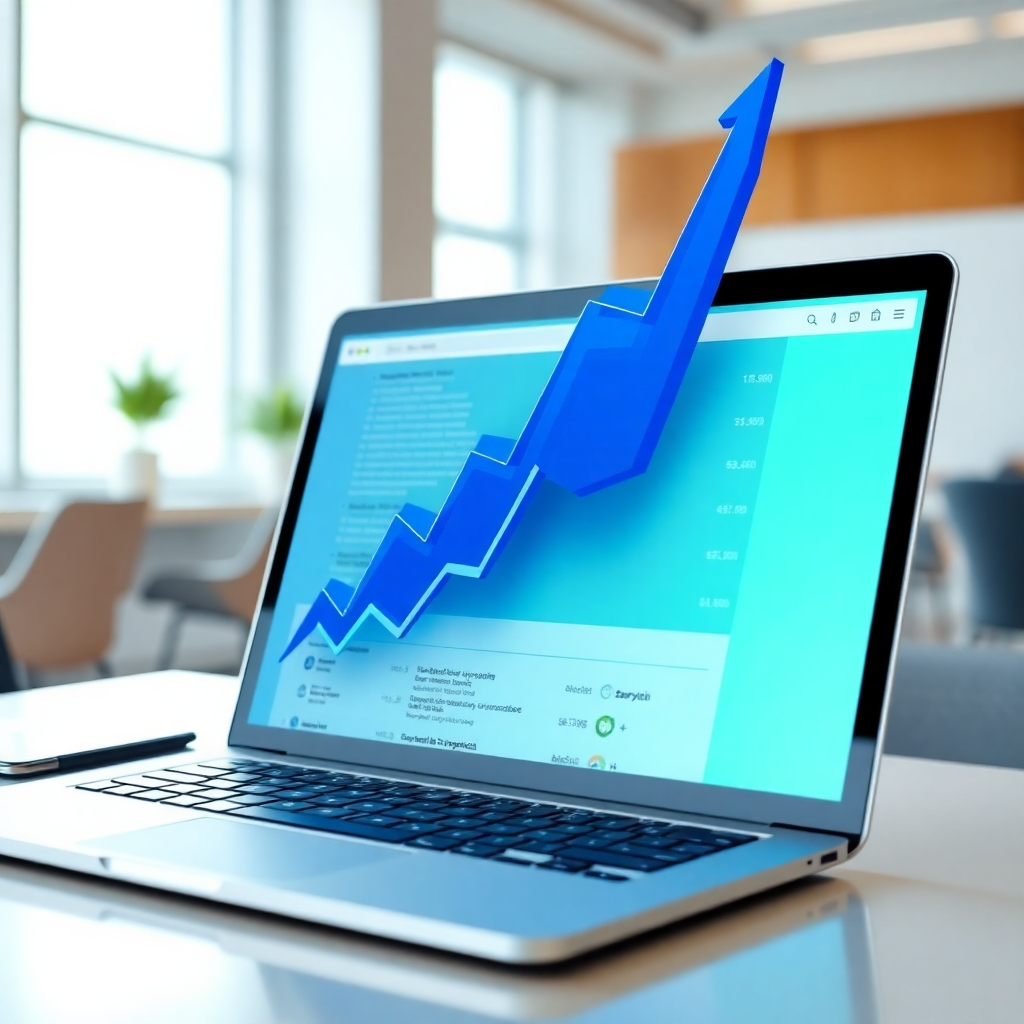 A graph trending upwards, bursting out of a search engine results page (SERP) on a laptop screen. The laptop is on a desk in a bright, modern office. Focus is on the graph and the search results, with a soft-focus background. The colors are vibrant, with blues and greens dominating. The overall feel is positive and energetic, suggesting growth and success. 4K resolution, photorealistic.