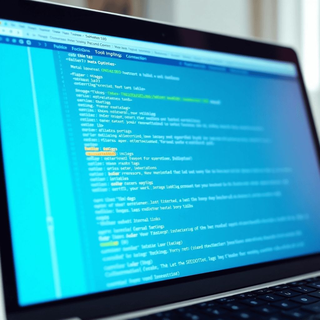 A laptop screen displaying a website's code being optimized with tools and plugins. The focus is on highlighting the elements of on-page SEO, such as title tags, meta descriptions, header tags, and internal links. The colors are modern and professional, with a blend of blues, greens, and whites.
