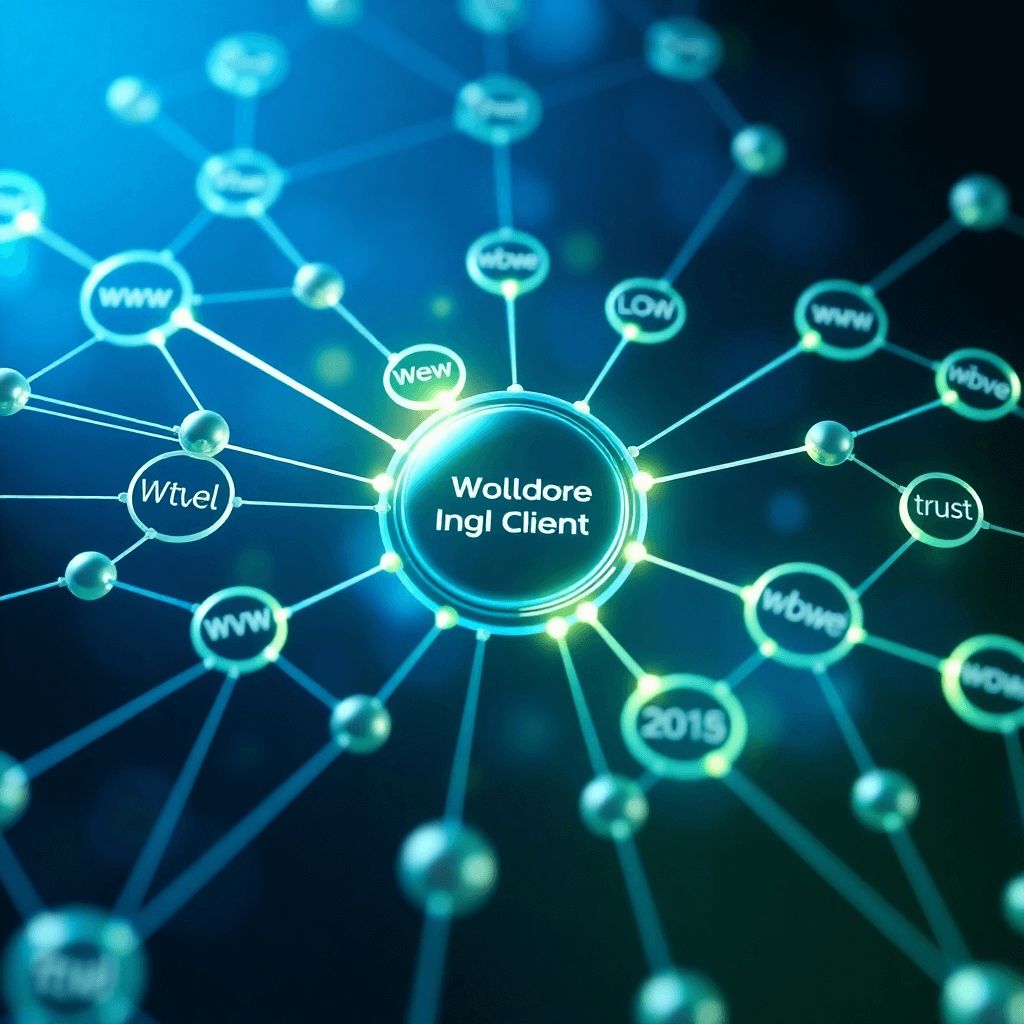A network of interconnected nodes representing websites, with lines of light connecting them to a central hub representing the client's website. The scene conveys the concept of building authority and trust through strategic link building. The color scheme is predominantly blue and green, with accents of light to emphasize the connections. High quality, 4K resolution.