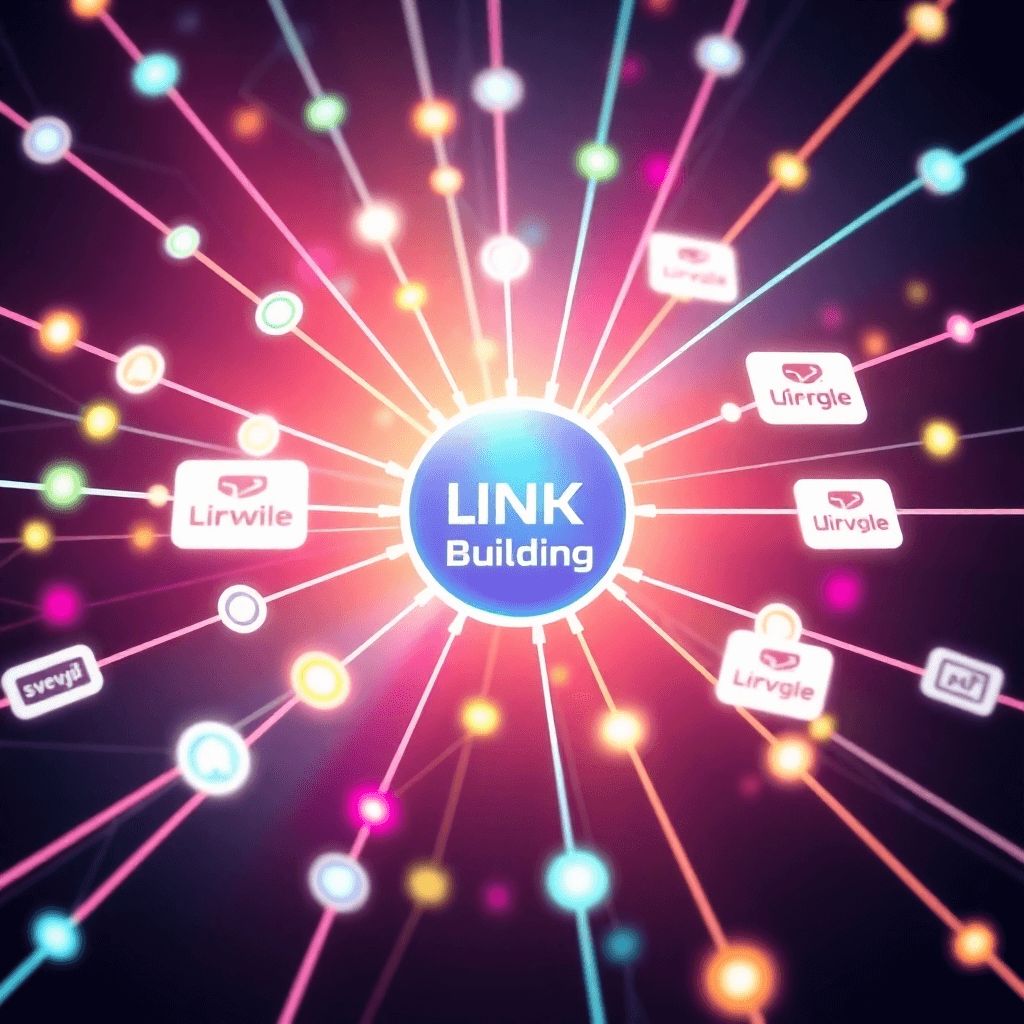 A network of websites interconnected by lines of light, symbolizing the power of link building and online relationships. The central node represents the client's website, which is receiving links from various sources. The colors are vibrant and dynamic, with a sense of interconnectedness and growth.