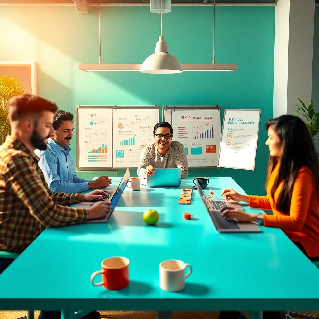 Create a stylized image representing the collaborative nature of an SEO agency working with a client. The scene should feature a diverse team of SEO specialists (representing Puentedeclientes Lima) brainstorming around a table with a client (representing a local business owner). The table should be covered with laptops, tablets, and whiteboards displaying SEO metrics and keyword strategies. The lighting should be bright and optimistic, with a focus on highlighting the team's energy and enthusiasm. The color palette should be vibrant and modern, with a mix of blues, greens, and oranges. The camera angle should be a medium shot, capturing the faces and expressions of the team members. Texture details should be clean and crisp, with a focus on the digital elements. The environment should be a modern office space with Peruvian-inspired decor. Relevant props include laptops, tablets, whiteboards, and coffee cups. Style references: modern and collaborative workspace. Technical specs: 4K resolution, high quality rendering.