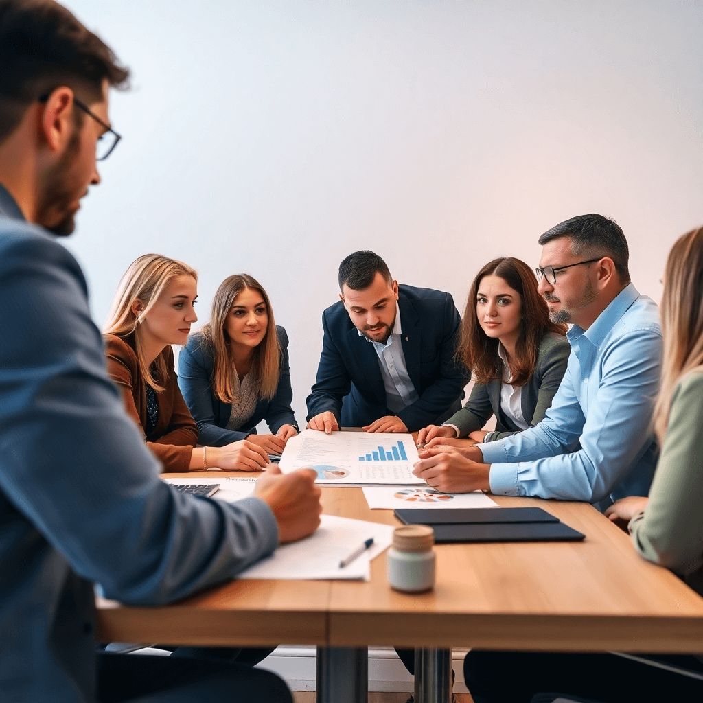 Visualize a team of SEO experts providing consultancy and advice to a client. The scene involves a group of professionals gathered around a table, reviewing data reports and discussing SEO strategies. The lighting is warm and professional. High quality, 4K resolution.
