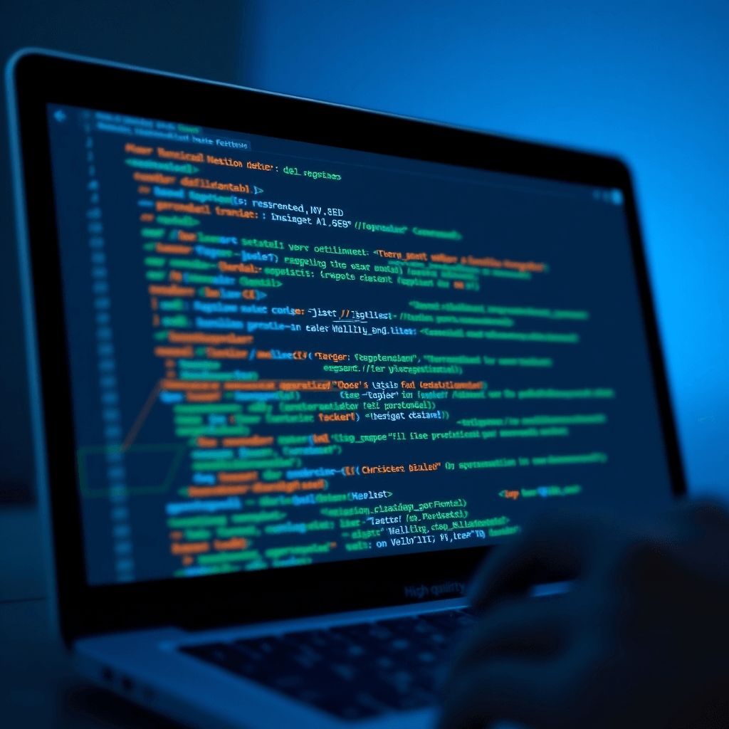Visualize a website's code being carefully optimized with digital tools. The scene includes lines of code being highlighted and adjusted, along with SEO-related annotations, emphasizing the meticulous process of on-page optimization. The color palette is modern, combining blues, greens, and oranges. The lighting is sharp and focused. High quality, 4K resolution.